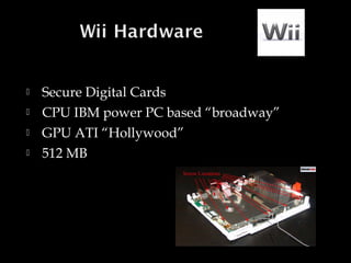 




Secure Digital Cards
CPU IBM power PC based “broadway”
GPU ATI “Hollywood”
512 MB

 