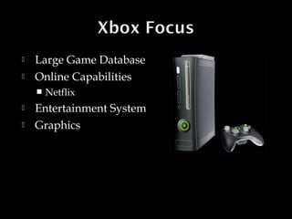 


Large Game Database
Online Capabilities





Netflix

Entertainment System
Graphics

 