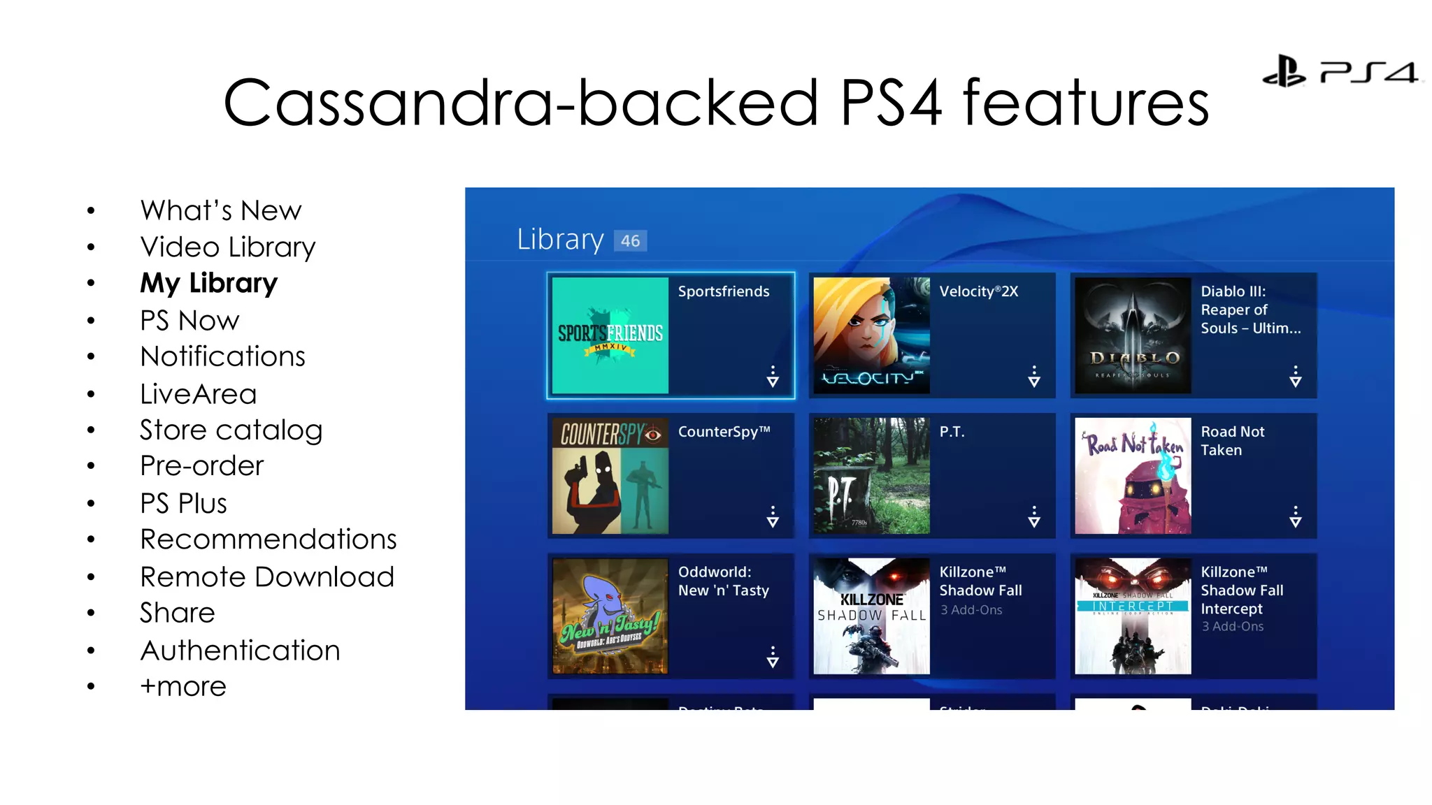 Cassandra-backed PS4 features 
• What’s New 
• Video Library 
• My Library 
• PS Now 
• Notifications 
• LiveArea 
• Store catalog 
• Pre-order 
• PS Plus 
• Recommendations 
• Remote Download 
• Share 
• Authentication 
• +more 
 