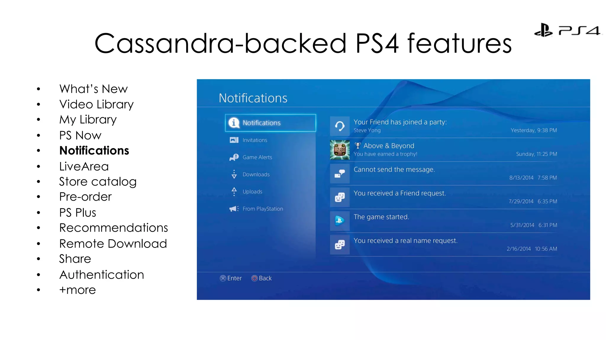 Cassandra-backed PS4 features 
• What’s New 
• Video Library 
• My Library 
• PS Now 
• Notifications 
• LiveArea 
• Store catalog 
• Pre-order 
• PS Plus 
• Recommendations 
• Remote Download 
• Share 
• Authentication 
• +more 
 