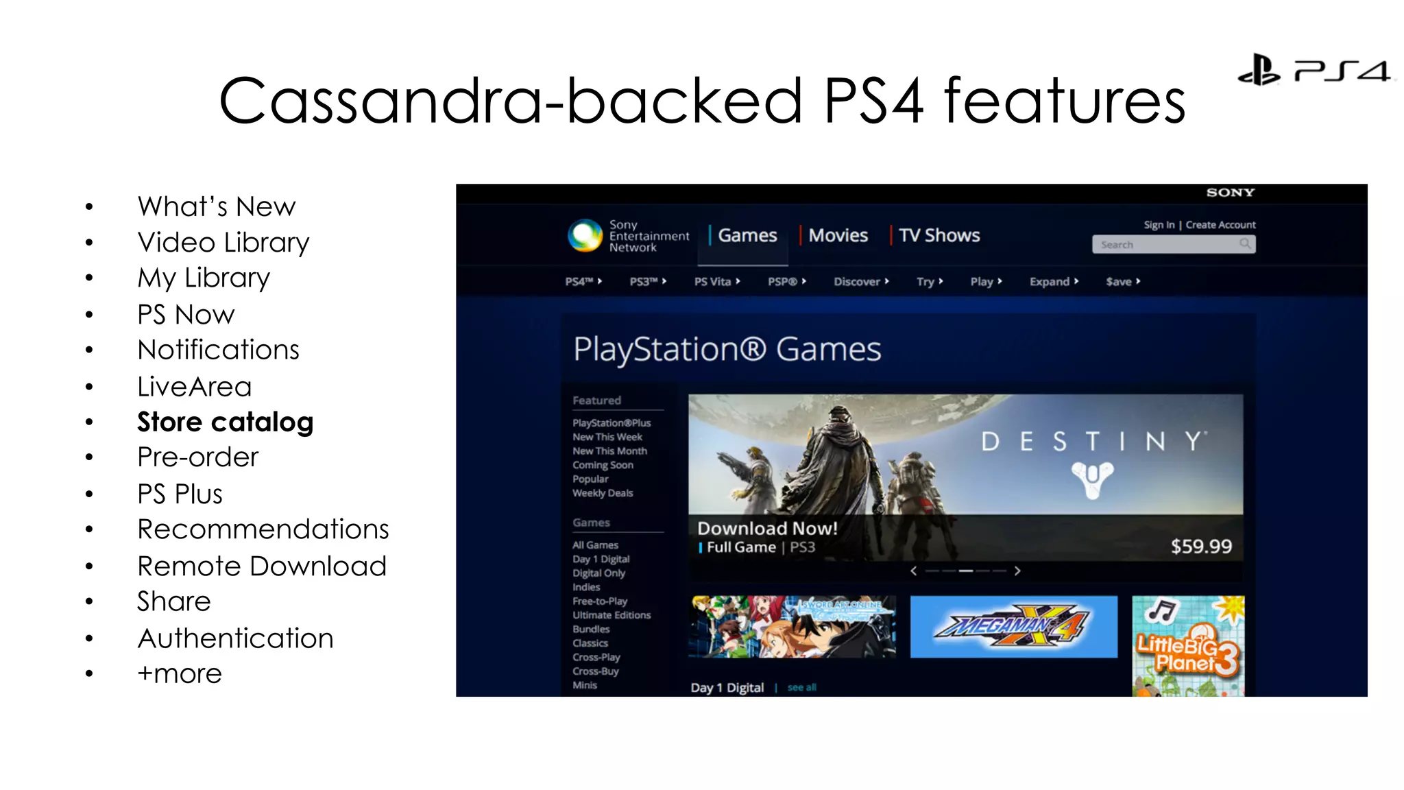 Cassandra-backed PS4 features 
• What’s New 
• Video Library 
• My Library 
• PS Now 
• Notifications 
• LiveArea 
• Store catalog 
• Pre-order 
• PS Plus 
• Recommendations 
• Remote Download 
• Share 
• Authentication 
• +more 
 