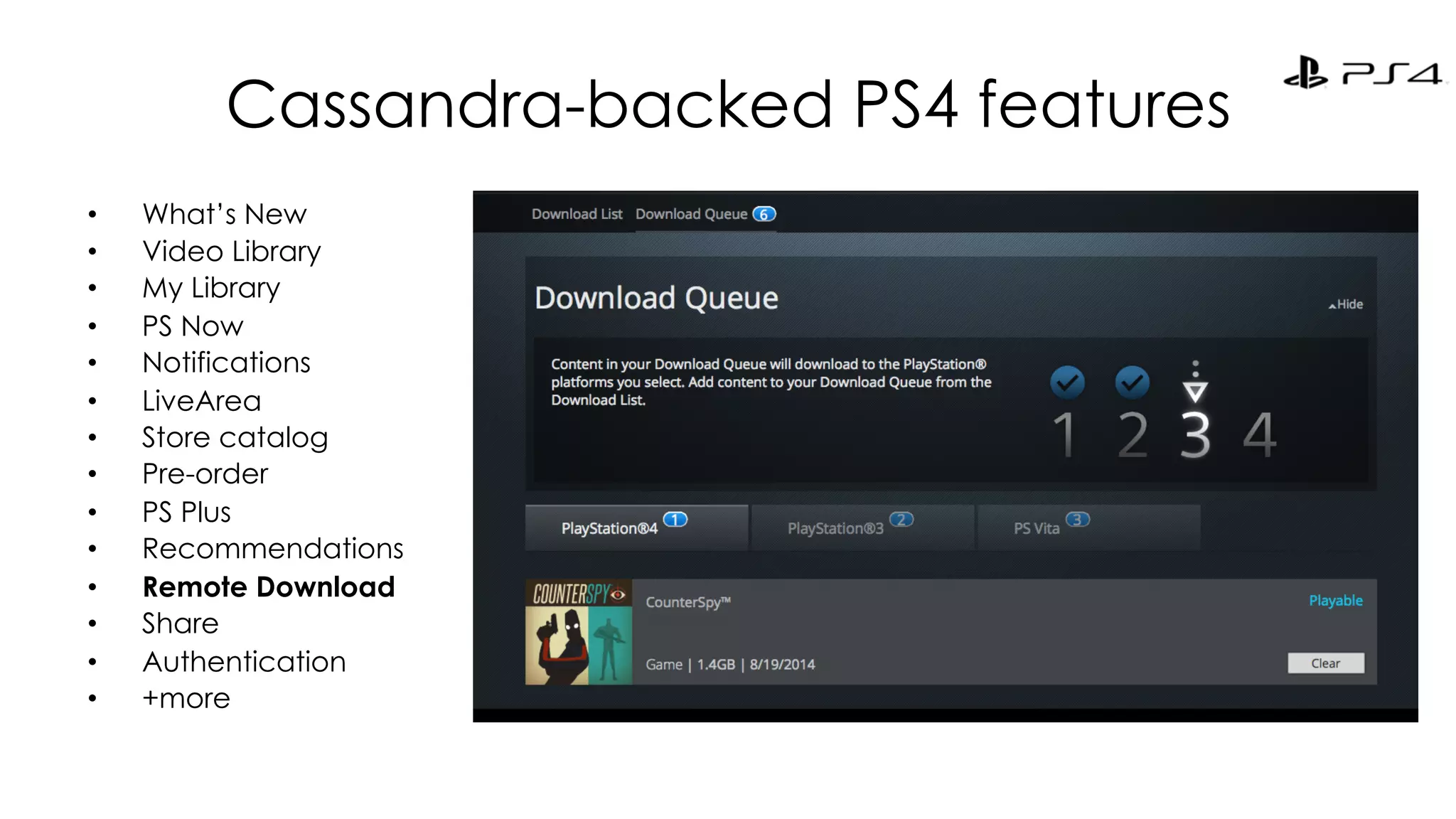 Cassandra-backed PS4 features 
• What’s New 
• Video Library 
• My Library 
• PS Now 
• Notifications 
• LiveArea 
• Store catalog 
• Pre-order 
• PS Plus 
• Recommendations 
• Remote Download 
• Share 
• Authentication 
• +more 
 