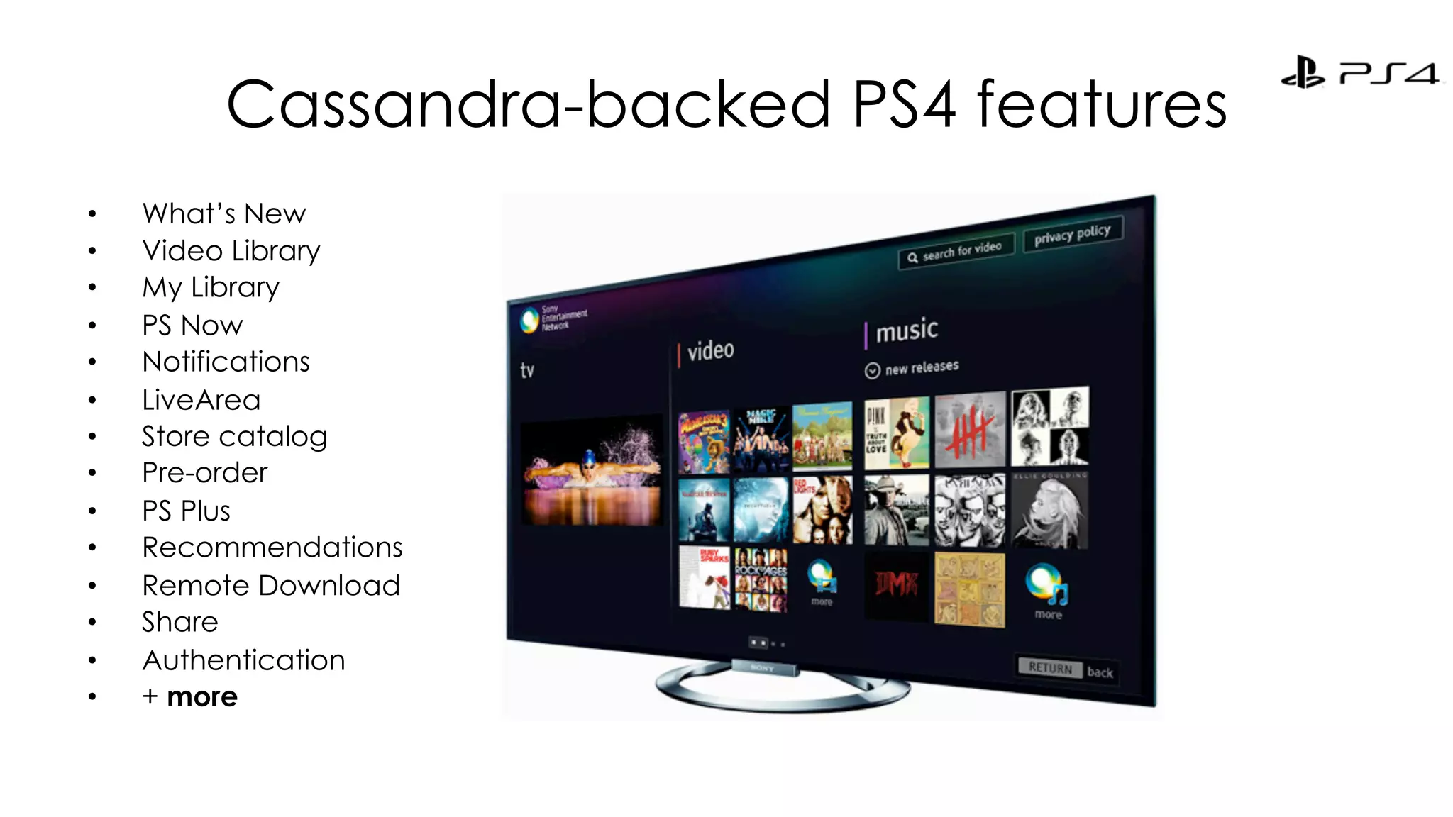 Cassandra-backed PS4 features 
• What’s New 
• Video Library 
• My Library 
• PS Now 
• Notifications 
• LiveArea 
• Store catalog 
• Pre-order 
• PS Plus 
• Recommendations 
• Remote Download 
• Share 
• Authentication 
• + more 
 