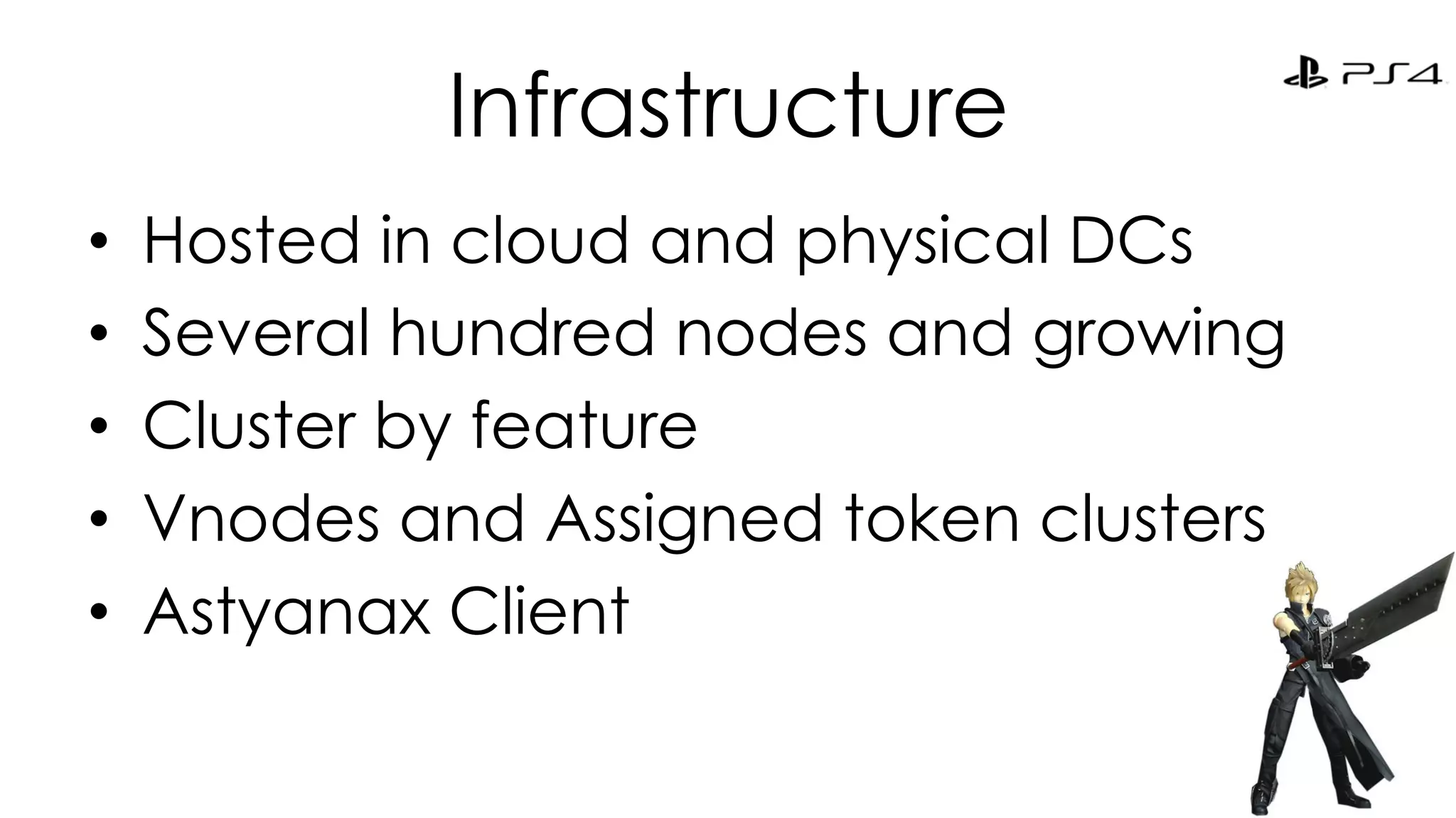 Infrastructure 
• Hosted in cloud and physical DCs 
• Several hundred nodes and growing 
• Cluster by feature 
• Vnodes and Assigned token clusters 
• Astyanax Client 
 