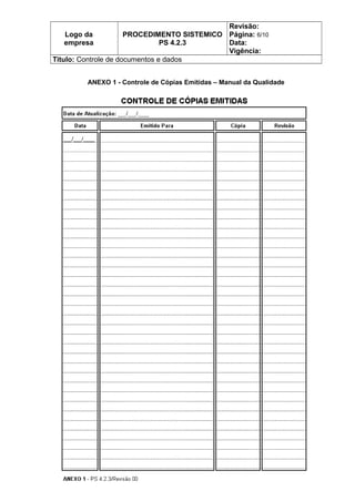 Logo da
empresa
PROCEDIMENTO SISTEMICO
PS 4.2.3
Revisão:
Página: 6/10
Data:
Vigência:
Titulo: Controle de documentos e dados
ANEXO 1 - Controle de Cópias Emitidas – Manual da Qualidade
 