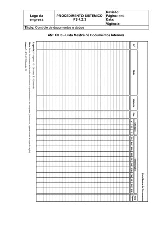 Logo da
empresa
PROCEDIMENTO SISTEMICO
PS 4.2.3
Revisão:
Página: 8/10
Data:
Vigência:
Titulo: Controle de documentos e dados
ANEXO 3 - Lista Mestra de Documentos Internos
 