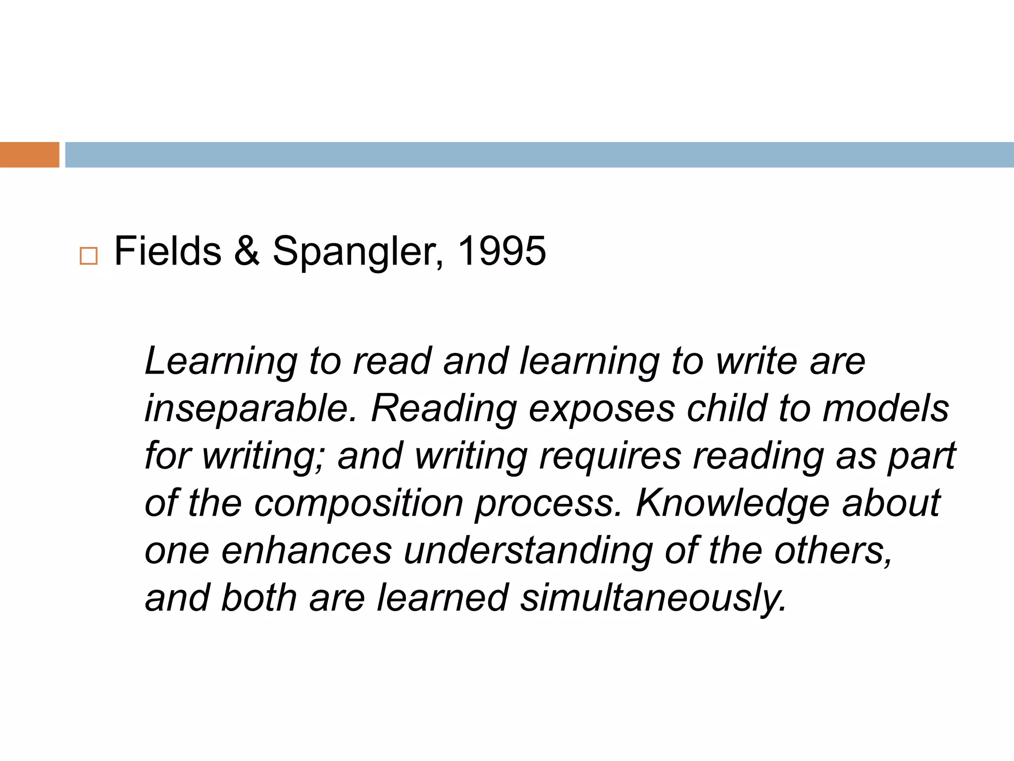  Fields & Spangler, 1995
Learning to read and learning to write are
inseparable. Reading exposes child to models
for writing; and writing requires reading as part
of the composition process. Knowledge about
one enhances understanding of the others,
and both are learned simultaneously.
 