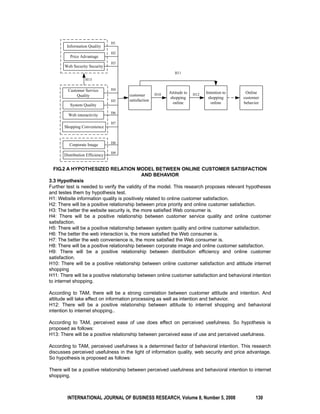 Information Quality 
Price Advantage 
Web Security Security 
Customer Service 
Quality 
System Quality 
Web interactivity 
Shopping Convenience 
Corporate Image 
Distribution Efficiency 
customer 
satisfaction 
H11 
Attitude to 
shopping 
online 
Intention to 
shopping 
online 
Online 
customer 
behavior 
H1 
H2 
H3 
H4 
H5 
H6 
H7 
H8 
H9 
H10 H12 
H13 
FIG.2 A HYPOTHESIZED RELATION MODEL BETWEEN ONLINE CUSTOMER SATISFACTION 
AND BEHAVIOR 
3.3 Hypothesis 
Further test is needed to verify the validity of the model. This research proposes relevant hypotheses 
and testes them by hypothesis test. 
H1: Website information quality is positively related to online customer satisfaction. 
H2: There will be a positive relationship between price priority and online customer satisfaction. 
H3: The better the website security is, the more satisfied Web consumer is. 
H4: There will be a positive relationship between customer service quality and online customer 
satisfaction. 
H5: There will be a positive relationship between system quality and online customer satisfaction. 
H6: The better the web interaction is, the more satisfied the Web consumer is. 
H7: The better the web convenience is, the more satisfied the Web consumer is. 
H8: There will be a positive relationship between corporate image and online customer satisfaction. 
H9: There will be a positive relationship between distribution efficiency and online customer 
satisfaction. 
H10: There will be a positive relationship between online customer satisfaction and attitude internet 
shopping 
H11: There will be a positive relationship between online customer satisfaction and behavioral intention 
to internet shopping. 
According to TAM, there will be a strong correlation between customer attitude and intention. And 
attitude will take effect on information processing as well as intention and behavior. 
H12: There will be a positive relationship between attitude to internet shopping and behavioral 
intention to internet shopping.. 
According to TAM, perceived ease of use does effect on perceived usefulness. So hypothesis is 
proposed as follows: 
H13: There will be a positive relationship between perceived ease of use and perceived usefulness. 
According to TAM, perceived usefulness is a determined factor of behavioral intention. This research 
discusses perceived usefulness in the light of information quality, web security and price advantage. 
So hypothesis is proposed as follows: 
There will be a positive relationship between perceived usefulness and behavioral intention to internet 
shopping. 
INTERNATIONAL JOURNAL OF BUSINESS RESEARCH, Volume 8, Number 5, 2008 130 
 