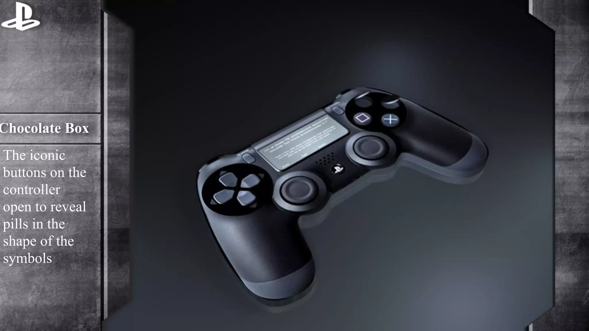 Chocolate Box 
The iconic 
buttons on the 
controller 
open to reveal 
pills in the 
shape of the 
symbols 
 