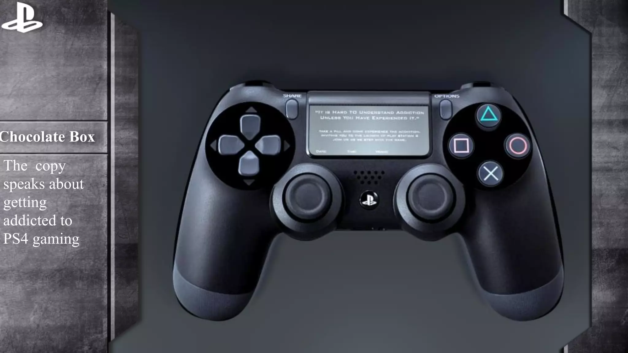 Chocolate Box 
The copy 
speaks about 
getting 
addicted to 
PS4 gaming 
 