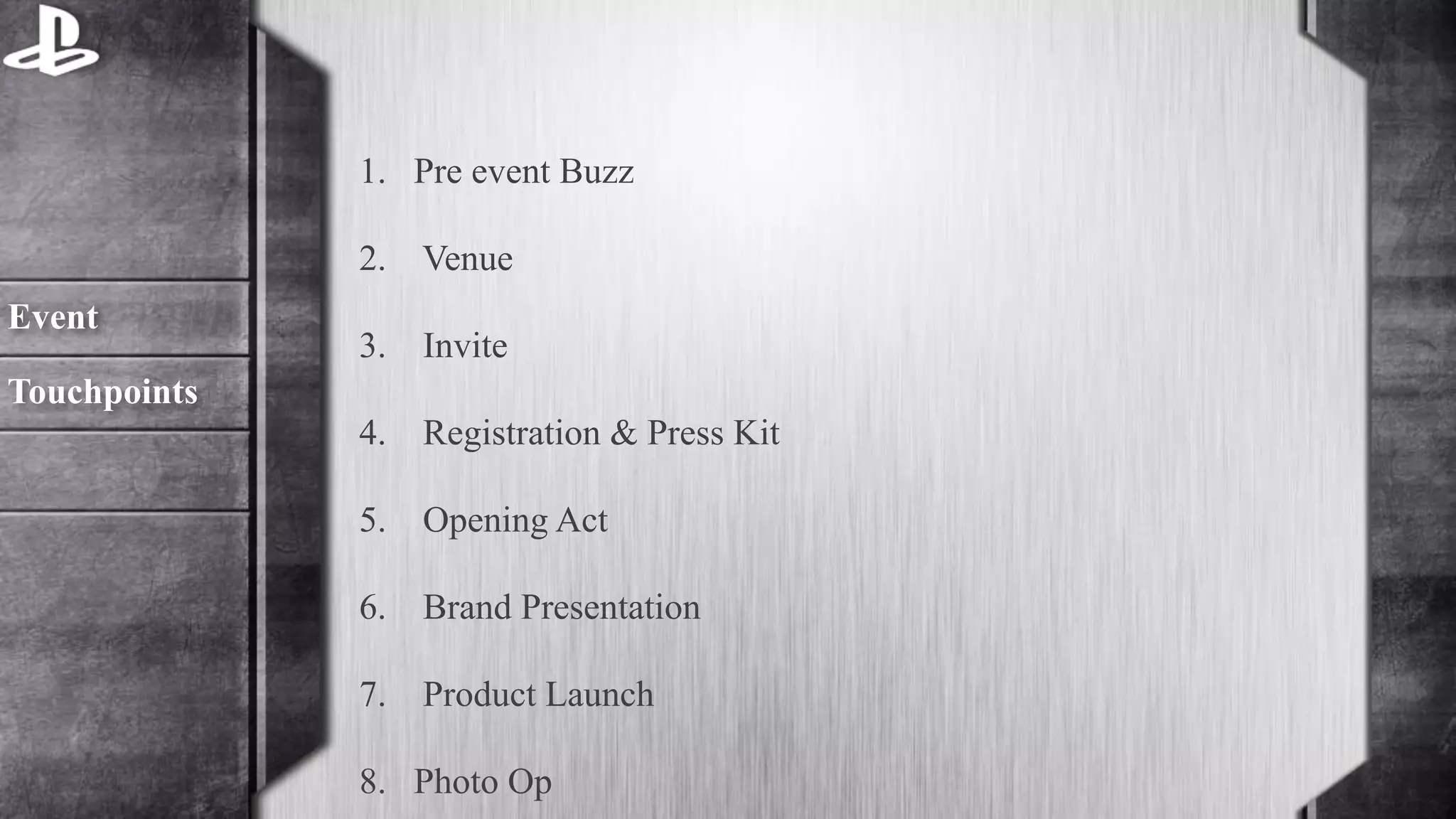 1. Pre event Buzz 
2. Venue 
3. Invite 
4. Registration & Press Kit 
5. Opening Act 
6. Brand Presentation 
7. Product Launch 
8. Photo Op 
Event 
Touchpoints 
 