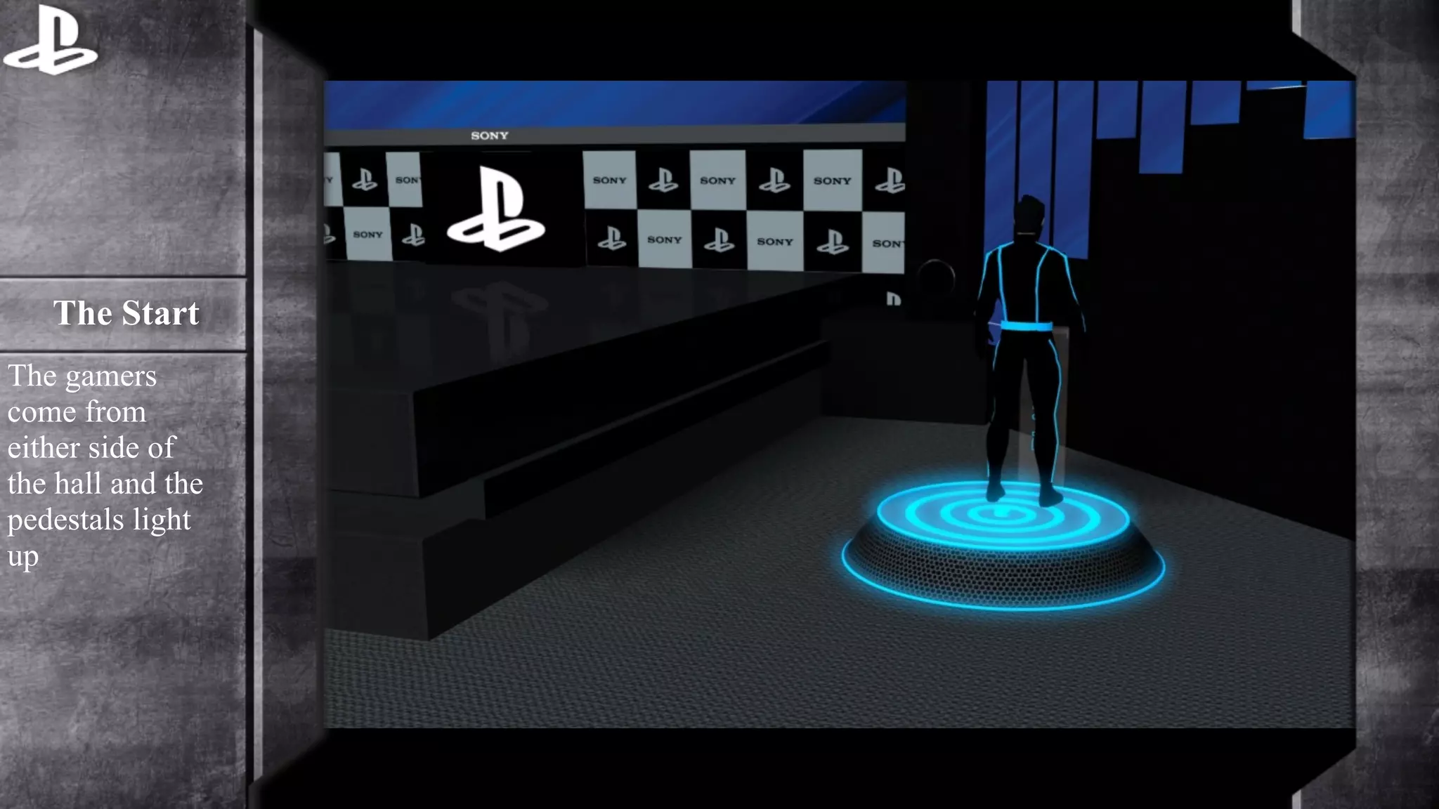 The Start 
The gamers 
come from 
either side of 
the hall and the 
pedestals light 
up 
 