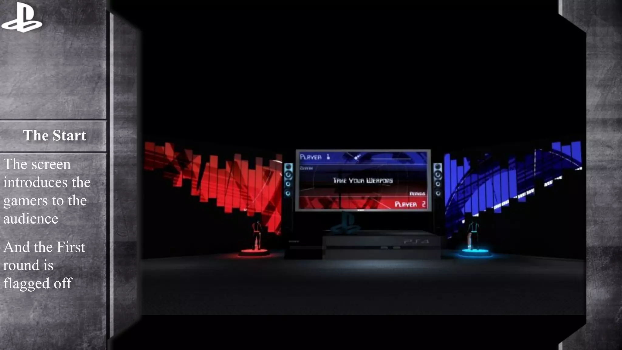 The Start 
The screen 
introduces the 
gamers to the 
audience 
And the First 
round is 
flagged off 
 