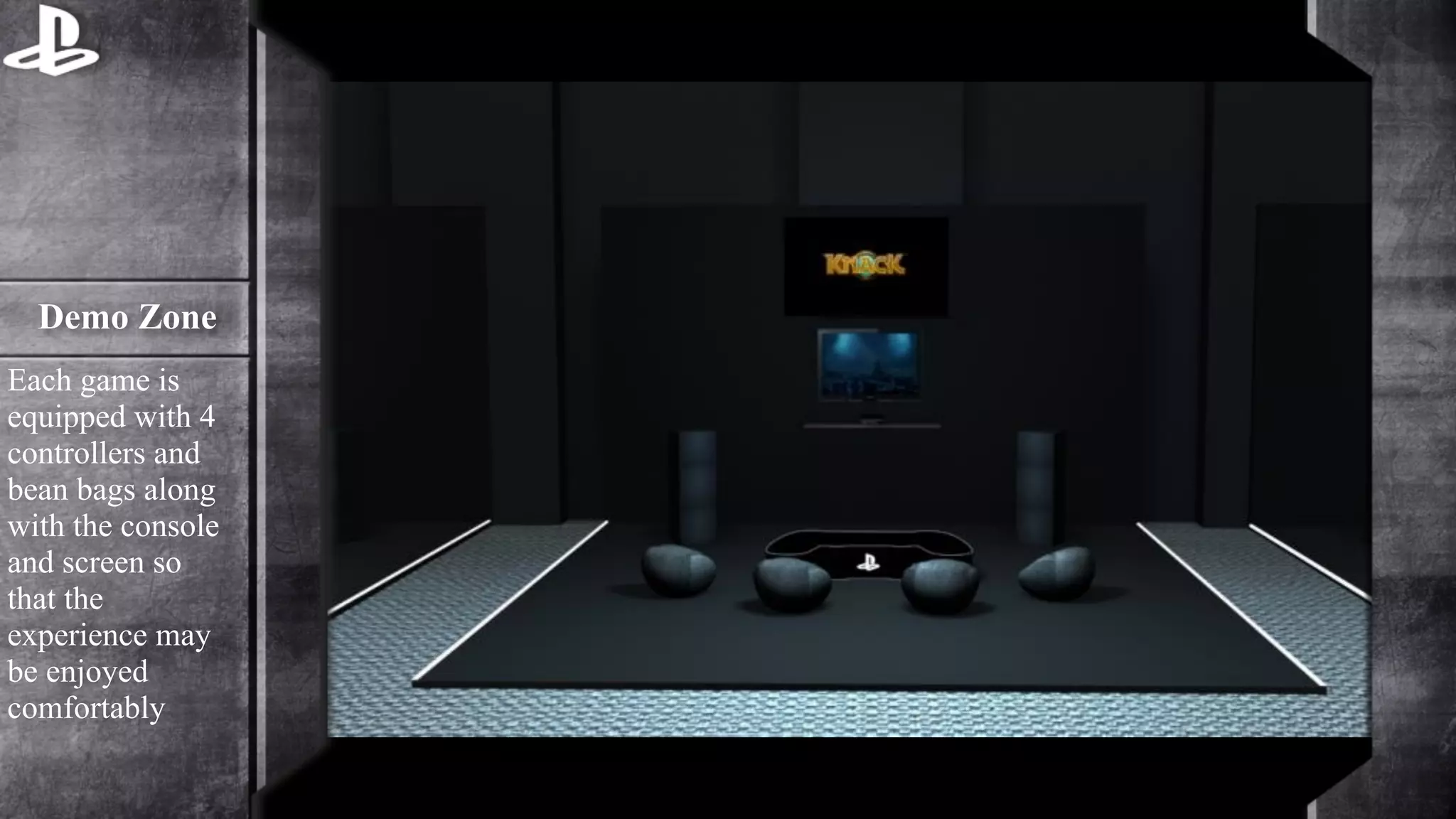 Demo Zone 
Each game is 
equipped with 4 
controllers and 
bean bags along 
with the console 
and screen so 
that the 
experience may 
be enjoyed 
comfortably 
 