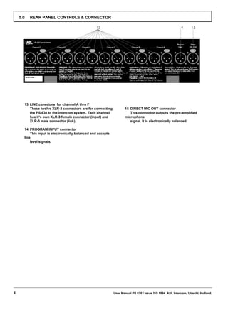 5.0   REAR PANEL CONTROLS & CONNECTOR




      13 LINE conectors for channel A thru F
         These twelve XLR-3 connectors are for connecting            15 DIRECT MIC OUT connector
         the PS 630 to the intercom system. Each channel                This connector outputs the pre-amplified
         has it’s own XLR-3 female connector (input) and             microphone
         XLR-3 male connector (link).                                   signal. It is electronically balanced.

      14 PROGRAM INPUT connector
          This input is electronically balanced and accepts
      line
          level signals.




6                                                             User Manual PS 630 / Issue 1 © 1994 ASL Intercom, Utrecht, Holland.
 