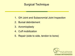 Surgical Technique
1. GH Joint and Subacromial Joint Inspection
2. Bursal debridement
3. Acromioplasty
4. Cuff mobilization
5. Repair (side to side, tendon to bone)
 