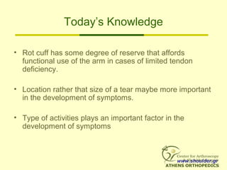 Today’s Knowledge
• Rot cuff has some degree of reserve that affords
functional use of the arm in cases of limited tendon
deficiency.
• Location rather that size of a tear maybe more important
in the development of symptoms.
• Type of activities plays an important factor in the
development of symptoms
www.shoulder.gr
 