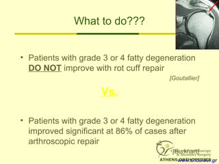 What to do???
• Patients with grade 3 or 4 fatty degeneration
DO NOT improve with rot cuff repair
[Goutallier]
Vs.
• Patients with grade 3 or 4 fatty degeneration
improved significant at 86% of cases after
arthroscopic repair
[Burkhart]
www.shoulder.gr
 