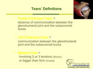 Tears’ Definitions
• Partial Thickness Tears =
absence of communication between the
glenohumeral joint and the subacromial
bursa.
• Full Thickness Tears =
communication between the glenohumeral
joint and the subacromial bursa.
• Massive Tear =
Involving 2 or 3 tendons [Gerber]
or bigger than 5cm [Cofield]
www.shoulder.gr
 