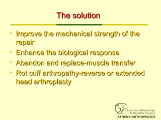 The solutionThe solution
• Improve the mechanical strength of theImprove the mechanical strength of the
repairrepair
• Enhance the biological responseEnhance the biological response
• Abandon and replace-muscle transferAbandon and replace-muscle transfer
• Rot cuff arthropathy-reverse or extendedRot cuff arthropathy-reverse or extended
head arthroplastyhead arthroplasty
 