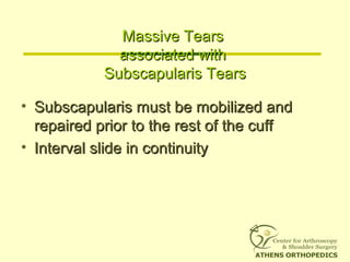 Massive TearsMassive Tears
associated withassociated with
Subscapularis TearsSubscapularis Tears
• Subscapularis must be m...