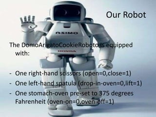 Our Robot


The DomoArigatoCookieRoboto is equipped
  with:

- One right-hand scissors (open=0,close=1)
- One left-hand sp...