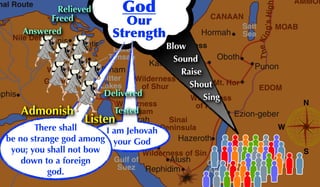 N
S
W
TheKing'sHigh
nal Route Great Sea
(Mediterranean)
River
Salt
Sea
Lake
Timsah
Canal
Bitter
Lakes
Gulf of
Suez
Gulf of
Akaba
Nile Delta
Wadi Tumilat
P T Mizraim
CANAAN
AMMON
MOAB
Wilderness
of Zin
Wilderness
of Shur
Wilderness
of Etham
Wilderness
of Paran
Wilderness of Sin Land of
Midian
Sinai
Peninsula
Goshen Mt. Hor
EDOM
Punon
Hormah
Oboth
Kadesh-barnea
Ezion-geber
Hazeroth
Alush
Rephidim
Dophkah
Elim
Marah
Etham
Succoth
Avaris
Tanis Qantir
mphis
I am Jehovah
your God
God
Our
Strength
Sing
Shout
Raise
Sound
Blow
Answered
Tested
Relieved
Freed
Delivered
Listen
There shall
be no strange god among
you; you shall not bow
down to a foreign
god.
Admonish
 