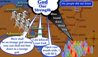 N
S
W
TheKing'sHigh
nal Route Great Sea
(Mediterranean)
River
Salt
Sea
Lake
Timsah
Canal
Bitter
Lakes
Gulf of
Suez
Gulf of
Akaba
Nile Delta
Wadi Tumilat
P T Mizraim
CANAAN
AMMON
MOAB
Wilderness
of Zin
Wilderness
of Shur
Wilderness
of Etham
Wilderness
of Paran
Wilderness of Sin Land of
Midian
Sinai
Peninsula
Goshen Mt. Hor
EDOM
Punon
Hormah
Oboth
Kadesh-barnea
Ezion-geber
Hazeroth
Alush
Rephidim
Dophkah
Elim
Marah
Etham
Succoth
Avaris
Tanis Qantir
mphis
God
Our
Strength
Sing
Shout
Raise
Sound
Blow
Answered
Tested
Relieved
Freed
Delivered
Listen
There shall
be no strange god among
you; you shall not bow
down to a foreign
god.
Admonish
I am Jehovah
your God
Open your
mouth wide, I
will ﬁll it.
My people did not listen
 