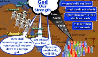 N
S
W
TheKing'sHigh
nal Route Great Sea
(Mediterranean)
River
Salt
Sea
Lake
Timsah
Canal
Bitter
Lakes
Gulf of
Suez
Gulf of
Akaba
Nile Delta
Wadi Tumilat
P T Mizraim
CANAAN
AMMON
MOAB
Wilderness
of Zin
Wilderness
of Shur
Wilderness
of Etham
Wilderness
of Paran
Wilderness of Sin Land of
Midian
Sinai
Peninsula
Goshen Mt. Hor
EDOM
Punon
Hormah
Oboth
Kadesh-barnea
Ezion-geber
Hazeroth
Alush
Rephidim
Dophkah
Elim
Marah
Etham
Succoth
Avaris
Tanis Qantir
mphis
God
Our
Strength
Sing
Shout
Raise
Sound
Blow
Answered
Tested
Relieved
Freed
Delivered
Listen
There shall
be no strange god among
you; you shall not bow
down to a foreign
god.
Admonish
I am Jehovah
your God
Open your
mouth wide, I
will ﬁll it.
My people did not listen
Israel would not submit
I gave them over to their
stubborn hearts
to follow their
own counsels.
 