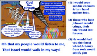 Oh that my people would listen to me,
That Israel would walk in my ways!
(1) I would soon
subdue enemies
& turn hand
against foes.
(2) Those who hate
Jehovah would
cringe, their
fate would last
forever.
(3) He would feed
you the ﬁnest
wheat & honey
from rock would
satisfy you
 