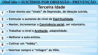 17
ObsCídio = SUICÍDIOS POR OBSESSÃO - PREVENÇÃO
Terceira Idade
1 • Estar Atento aos “sinais” de Depressão, de Ideação suicida.
2 • Estimular o aumento do nível de Espiritualidade.
3 • Manter, incrementar a Convivência social, ser voluntário.
4 • Trabalhar o nível e Aceitação, adaptalidade.
5 • Melhorar a auto-estima.
6 • Cultivar um “hobby”.
7 • Valorizar sempre o “milagre” da VIDA.
 