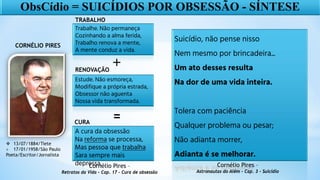 Trabalhe. Não permaneça
Cozinhando a alma ferida,
Trabalho renova a mente,
A mente conduz a vida.
Estude. Não esmoreça,
Modifique a própria estrada,
Obsessor não aguenta
Nossa vida transformada.
A cura da obsessão
Na reforma se processa,
Mas pessoa que trabalha
Sara sempre mais
depressa.
Cornélio Pires –
Retratos da Vida - Cap. 17 - Cura de obsessão
TRABALHO
RENOVAÇÃO
+
=
Suicídio, não pense nisso
Nem mesmo por brincadeira...
Um ato desses resulta
Na dor de uma vida inteira.
Tolera com paciência
Qualquer problema ou pesar;
Não adianta morrer,
Adianta é se melhorar.
ObsCídio = SUICÍDIOS POR OBSESSÃO - SÍNTESE
Cornélio Pires –
Astronautas do Além - Cap. 3 - Suicídio
CURA
CORNÉLIO PIRES
 13/07/1884/Tiete
+ 17/01/1958/São Paulo
Poeta/Escritor/Jornalista
 