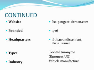 CONTINUED
 Website
 Founded
 Headquarters
 Type:
 Industry
 Psa-peugeot-citroen.com
 1976
 16th arrondissement,
Paris, France
Société Anonyme
(Euronext:UG)
Vehicle manufacture
 