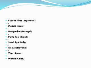  Buenos Aires (Argentina )
 -
 Madrid (Spain)
 -
 Mangualde (Portugal)
 -
 Porto Real (Brazil)
 -
 Sevel SpA (Italy)
 -
 Trnava (Slovakia)
 -
 Vigo (Spain)
 -
 Wuhan (China)
 