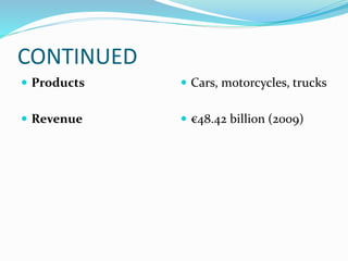 CONTINUED
 Products
 Revenue
 Cars, motorcycles, trucks
 €48.42 billion (2009)
 