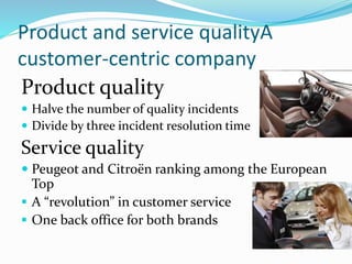 Product and service qualityA
customer-centric company
Product quality
 Halve the number of quality incidents
 Divide by three incident resolution time
Service quality
 Peugeot and Citroën ranking among the European
Top
 A “revolution” in customer service
 One back office for both brands
 