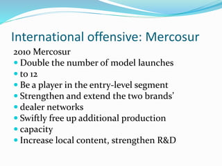 International offensive: Mercosur
2010 Mercosur
 Double the number of model launches
 to 12
 Be a player in the entry-level segment
 Strengthen and extend the two brands’
 dealer networks
 Swiftly free up additional production
 capacity
 Increase local content, strengthen R&D
 