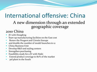 International offensive: China
A new dimension through an extended
geographic coverage
2010 China
 JV with Dongfeng
 Start-up manufacturing facilities on the East cost
 Renew the Peugeot and Citroën lineups
 and double the number of model launches to 12
 China Business Unit
 Develop R&D and styling centers
 Strengthen purchasing
 Feasibility study for a JV with Hafei
 Extend product coverage to 80% of the market
 3rd plant in the South
 