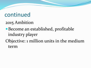 continued
2015 Ambition
Become an established, profitable
industry player
Objective: 1 million units in the medium
term
 