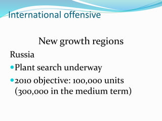 International offensive
New growth regions
Russia
Plant search underway
2010 objective: 100,000 units
(300,000 in the medium term)
 