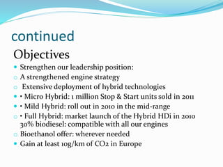 continued
Objectives
 Strengthen our leadership position:
o A strengthened engine strategy
o Extensive deployment of hybrid technologies
 • Micro Hybrid: 1 million Stop & Start units sold in 2011
 • Mild Hybrid: roll out in 2010 in the mid-range
o • Full Hybrid: market launch of the Hybrid HDi in 2010
30% biodiesel: compatible with all our engines
o Bioethanol offer: wherever needed
 Gain at least 10g/km of CO2 in Europe
 