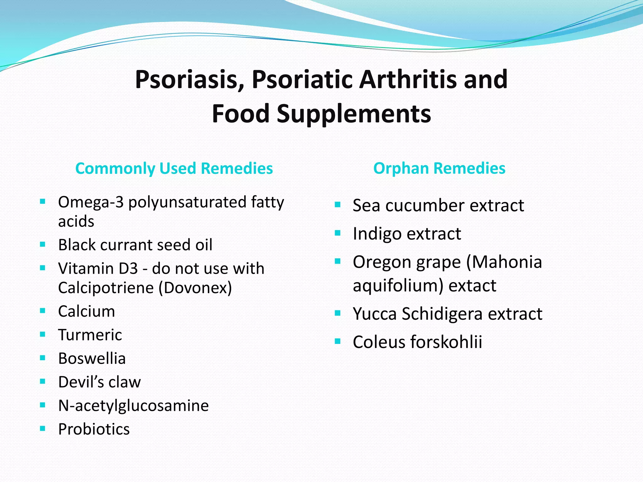 Psoriasis, Psoriatic Arthritis and
                    Food Supplements
      Commonly Used Remedies           Orphan Remedies
 Omega-3 polyunsaturated fatty     Sea cucumber extract
    acids
                                    Indigo extract
   Black currant seed oil
   Vitamin D3 - do not use with    Oregon grape (Mahonia
    Calcipotriene (Dovonex)          aquifolium) extact
   Calcium                         Yucca Schidigera extract
   Turmeric                        Coleus forskohlii
   Boswellia
   Devil’s claw
   N-acetylglucosamine
   Probiotics
 