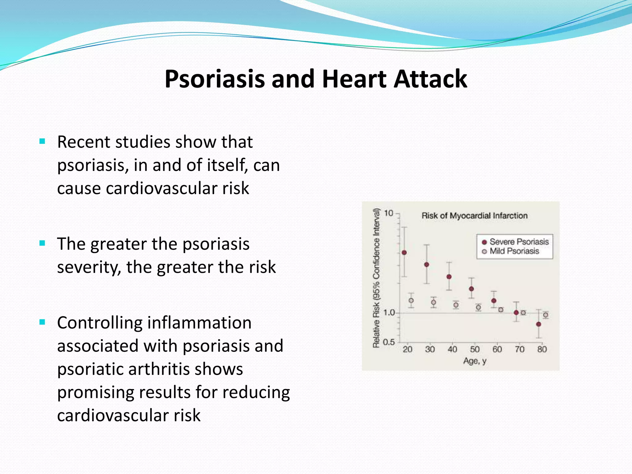 Psoriasis and Heart Attack

 Recent studies show that
  psoriasis, in and of itself, can
  cause cardiovascular risk

 The greater the psoriasis
  severity, the greater the risk

 Controlling inflammation
  associated with psoriasis and
  psoriatic arthritis shows
  promising results for reducing
  cardiovascular risk
 
