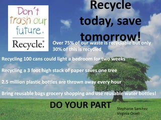 Recycle
today, save
tomorrow!
Recycling 100 cans could light a bedroom for two weeks
Recycling a 3 foot high stack of paper saves one tree
2.5 million plastic bottles are thrown away every hour
Bring reusable bags grocery shopping and use reusable water bottles!
DO YOUR PART
Over 75% of our waste is recyclable but only
30% of this is recycled
Stephanie Sanchez
Virginia Orzell
 