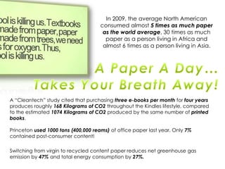 In 2009, the average North American
consumed almost 5 times as much paper
as the world average, 30 times as much
paper as a person living in Africa and
almost 6 times as a person living in Asia.
A “Cleantech” study cited that purchasing three e-books per month for four years
produces roughly 168 Kilograms of CO2 throughout the Kindles lifestyle, compared
to the estimated 1074 Kilograms of CO2 produced by the same number of printed
books.
Switching from virgin to recycled content paper reduces net greenhouse gas
emission by 47% and total energy consumption by 27%.
Princeton used 1000 tons (400,000 reams) of office paper last year. Only 7%
contained post-consumer content!
 