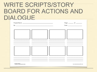 WRITE SCRIPTS/STORY 
BOARD FOR ACTIONS AND 
DIALOGUE 
 