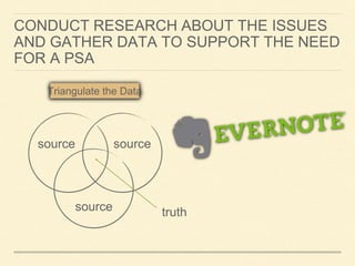 CONDUCT RESEARCH ABOUT THE ISSUES 
AND GATHER DATA TO SUPPORT THE NEED 
FOR A PSA 
Triangulate the Data 
source source 
source truth 
 