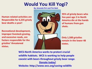 Would You Kill Yogi?
By: Amanda Pirri and Tim Nott
Human related activities are
Responsible for 6,335 grizzly
bear deaths a year!
95% of grizzly bears who
live past age 2 in North
America die at the hands
of humans from gun
shots.
Only 1,500 grizzlies
remain in the lower 48
states.
WCS-North America works to protect crucial
wildlife habitats. WCS is working to help people
coexist with bears throughout grizzly bear range.
Donate today!
Website: http://www.wcs.org/saving-wildlife
Recreational development,
improper livestock grazing,
and excessive roads, are
factors responsible for the
grizzlies’ threatened
status.
 