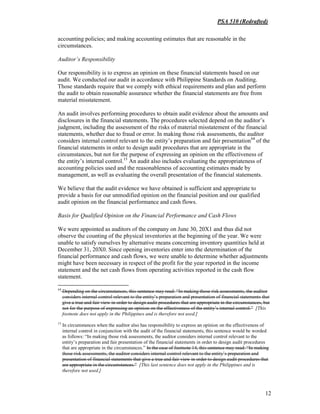 PSA 510 (Redrafted)
12
accounting policies; and making accounting estimates that are reasonable in the
circumstances.
Auditor’s Responsibility
Our responsibility is to express an opinion on these financial statements based on our
audit. We conducted our audit in accordance with Philippine Standards on Auditing.
Those standards require that we comply with ethical requirements and plan and perform
the audit to obtain reasonable assurance whether the financial statements are free from
material misstatement.
An audit involves performing procedures to obtain audit evidence about the amounts and
disclosures in the financial statements. The procedures selected depend on the auditor’s
judgment, including the assessment of the risks of material misstatement of the financial
statements, whether due to fraud or error. In making those risk assessments, the auditor
considers internal control relevant to the entity’s preparation and fair presentation14
of the
financial statements in order to design audit procedures that are appropriate in the
circumstances, but not for the purpose of expressing an opinion on the effectiveness of
the entity’s internal control.15
An audit also includes evaluating the appropriateness of
accounting policies used and the reasonableness of accounting estimates made by
management, as well as evaluating the overall presentation of the financial statements.
We believe that the audit evidence we have obtained is sufficient and appropriate to
provide a basis for our unmodified opinion on the financial position and our qualified
audit opinion on the financial performance and cash flows.
Basis for Qualified Opinion on the Financial Performance and Cash Flows
We were appointed as auditors of the company on June 30, 20X1 and thus did not
observe the counting of the physical inventories at the beginning of the year. We were
unable to satisfy ourselves by alternative means concerning inventory quantities held at
December 31, 20X0. Since opening inventories enter into the determination of the
financial performance and cash flows, we were unable to determine whether adjustments
might have been necessary in respect of the profit for the year reported in the income
statement and the net cash flows from operating activities reported in the cash flow
statement.
14
Depending on the circumstances, this sentence may read: “In making those risk assessments, the auditor
considers internal control relevant to the entity’s preparation and presentation of financial statements that
give a true and fair view in order to design audit procedures that are appropriate in the circumstances, but
not for the purpose of expressing an opinion on the effectiveness of the entity’s internal control.” [This
footnote does not apply in the Philippines and is therefore not used.]
15
In circumstances when the auditor also has responsibility to express an opinion on the effectiveness of
internal control in conjunction with the audit of the financial statements, this sentence would be worded
as follows: “In making those risk assessments, the auditor considers internal control relevant to the
entity’s preparation and fair presentation of the financial statements in order to design audit procedures
that are appropriate in the circumstances.” In the case of footnote 14, this sentence may read: “In making
those risk assessments, the auditor considers internal control relevant to the entity’s preparation and
presentation of financial statements that give a true and fair view in order to design audit procedures that
are appropriate in the circumstances.” [This last sentence does not apply in the Philippines and is
therefore not used.]
 