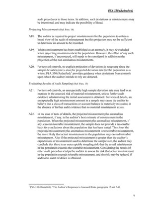 PSA 530 (Redrafted)
9
audit procedures to those items. In addition, such deviations or misstatements may
be intentional, and may indicate the possibility of fraud.
Projecting Misstatements (Ref: Para. 14)
A18. The auditor is required to project misstatements for the population to obtain a
broad view of the scale of misstatement but this projection may not be sufficient
to determine an amount to be recorded.
A19. When a misstatement has been established as an anomaly, it may be excluded
when projecting misstatements to the population. However, the effect of any such
misstatement, if uncorrected, still needs to be considered in addition to the
projection of the non-anomalous misstatements.
A20. For tests of controls, no explicit projection of deviations is necessary since the
sample deviation rate is also the projected deviation rate for the population as a
whole. PSA 330 (Redrafted)3
provides guidance when deviations from controls
upon which the auditor intends to rely are detected.
Evaluating Results of Audit Sampling (Ref: Para. 15)
A21. For tests of controls, an unexpectedly high sample deviation rate may lead to an
increase in the assessed risk of material misstatement, unless further audit
evidence substantiating the initial assessment is obtained. For tests of details, an
unexpectedly high misstatement amount in a sample may cause the auditor to
believe that a class of transactions or account balance is materially misstated, in
the absence of further audit evidence that no material misstatement exists.
A22. In the case of tests of details, the projected misstatement plus anomalous
misstatement, if any, is the auditor’s best estimate of misstatement in the
population. When the projected misstatement plus anomalous misstatement, if
any, exceeds tolerable misstatement, the sample does not provide a reasonable
basis for conclusions about the population that has been tested. The closer the
projected misstatement plus anomalous misstatement is to tolerable misstatement,
the more likely that actual misstatement in the population may exceed tolerable
misstatement. Also if the projected misstatement is greater than the auditor’s
expectations of misstatement used to determine the sample size, the auditor may
conclude that there is an unacceptable sampling risk that the actual misstatement
in the population exceeds the tolerable misstatement. Considering the results of
other audit procedures helps the auditor to assess the risk that actual misstatement
in the population exceeds tolerable misstatement, and the risk may be reduced if
additional audit evidence is obtained.
3
PSA 330 (Redrafted), “The Auditor’s Responses to Assessed Risks, paragraphs 17 and A41.
 